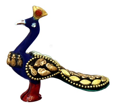 Paon (statuette métal émaillé avec incrustations, 2 pouces, bleu foncé, doré)