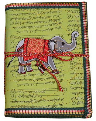 Cahier, motif parchemin sanskrit et éléphant (18x13, vert)