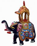 Éléphant palanquin (statuette métal émaillé, 4 pouces, bleu, orange)