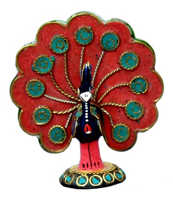 Paon faisant la roue (statuette métal émaillé, 2.5 pouces, bleu foncé, rouge, ve