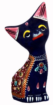 Chat assis (statuette métal émaillé, 3 pouces, bleu foncé, bordeaux)