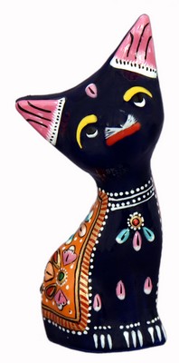 Chat assis (statuette métal émaillé, 3 pouces, bleu foncé, orange)