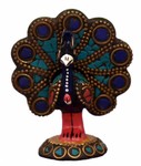 Paon faisant la roue (statuette métal émaillé, 2 pouces, bleu foncé, vert, bleu)