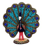 Paon faisant la roue (statuette métal émaillé, 3 pouces, bleu foncé, vert, bleu)
