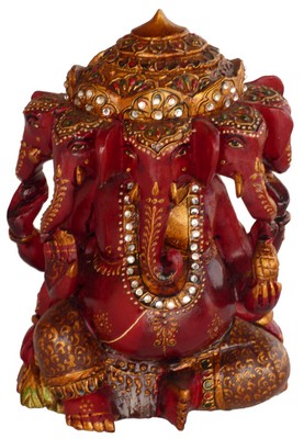 Statuette bois, Ganesh (sculp. sur bois peinte, 6 pouces, rouge)