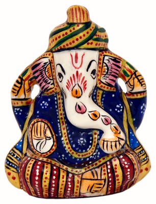 Ganesh avec un turban (statuette métal émaillé, 2.5 pouces, blanc, bleu foncé)
