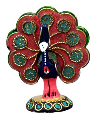Paon faisant la roue (statuette métal émaillé, 2 pouces, bleu foncé, rouge, vert