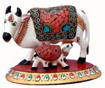 Vache avec son veau (statuette métal émaillé, 3 pouces, blanc, rouge, vert)