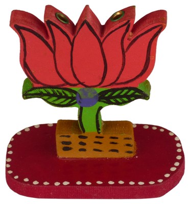 Porte encens bois, lotus (sculp. sur bois peinte sur socle, 2 pouces, rouge)