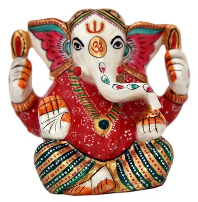 Ganesh Lambakarna (statuette métal émaillé, 4 pouces, blanc, rouge)