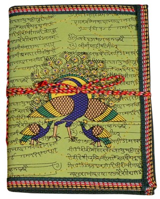 Cahier, motif parchemin sanskrit et paon (18x13, vert)