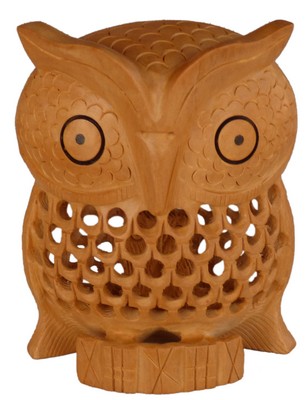 Statuette bois, hibou (sculp. sur bois, technique du filet, 4 pouces)