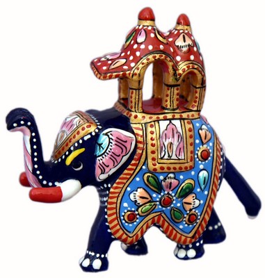 Éléphant palanquin (statuette métal émaillé, 3 pouces, bleu ciel, rouge)