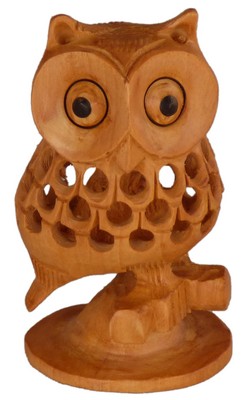 Statuette bois, hibou (sculp. sur bois, technique du filet, 3 pouces)