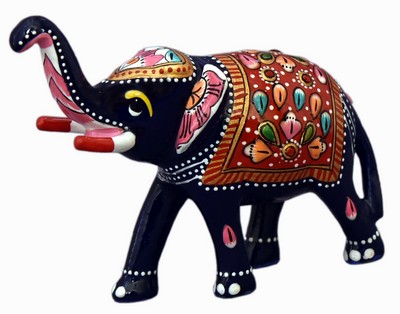 Éléphant (statuette métal émaillé, 3 pouces, bleu foncé, rouge)