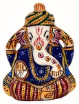 Ganesh avec un turban (statuette métal émaillé, 2.5 pouces, blanc, bleu foncé)