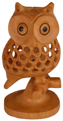 Statuette bois, hibou (sculp. sur bois, technique du filet, 4 pouces)