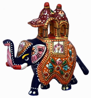 Éléphant palanquin (statuette métal émaillé, 3 pouces, orange, bordeaux)