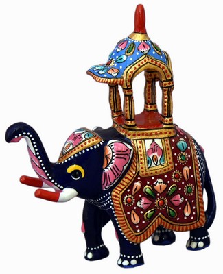 Éléphant palanquin (statuette métal émaillé, 4 pouces, bordeaux, bleu ciel)