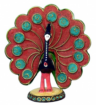 Paon faisant la roue (statuette métal émaillé, 3 pouces, bleu foncé, rouge, vert