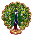 Paon faisant la roue (statuette métal émaillé, 3 pouces, bleu foncé, vert, jaune
