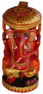 Statuette bois, Ganesh (sculp. sur bois peinte, 8 pouces, rouge)