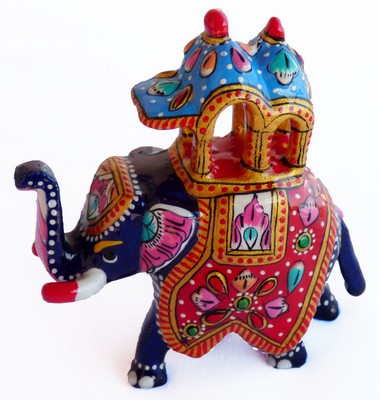 Éléphant palanquin (statuette métal émaillé, 3 pouces, rouge, bleu)