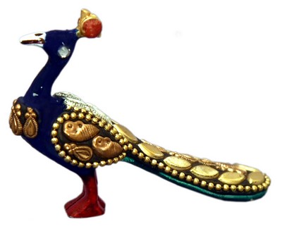 Paon (statuette métal émaillé avec incrustations, 1.5 pouces, bleu foncé, doré)