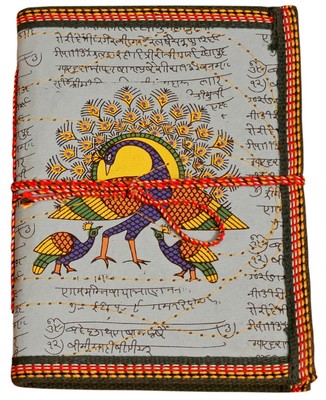 Cahier, motif parchemin sanskrit et paon (18x13, bleu ciel)