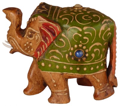 Statuette bois, éléphant (sculp. sur bois peinte, 3 pouces, vert)