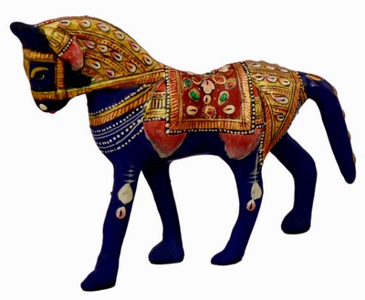 Cheval (statuette métal émaillé, 4 pouces, bleu foncé, doré, rouge)