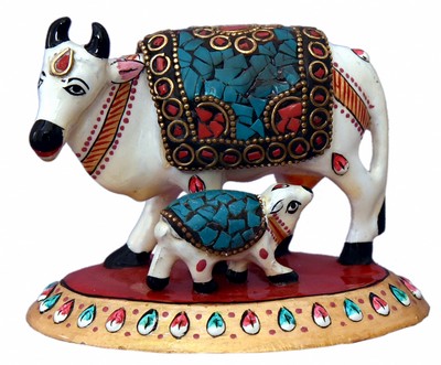 Vache avec son veau (statuette métal émaillé, 3 pouces, blanc, vert, rouge)