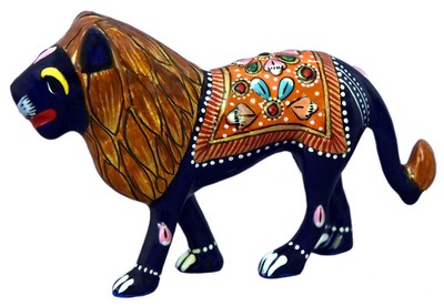 Lion (statuette métal émaillé, 3 pouces, bleu foncé, orange)