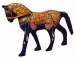 Cheval (statuette métal émaillé, 4 pouces, bleu foncé, doré, orange)
