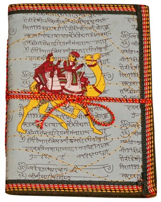 Cahier, motif parchemin sanskrit et Dhola-Maru (18x13, bleu ciel)