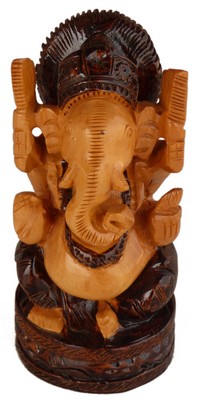 Statuette bois, Ganesh (sculp. sur bois vernis, 5 pouces)