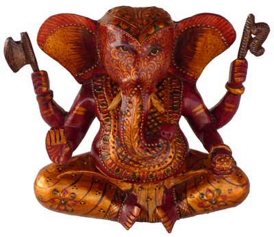 Statuette bois, Ganesh (sculp. sur bois peinte, 6 pouces, rouge)