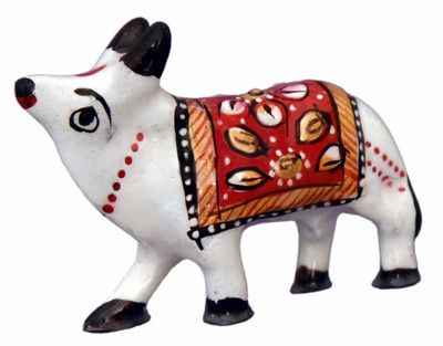 Vache tête dressée (statuette métal émaillé, 1.5 pouces, blanc, rouge)