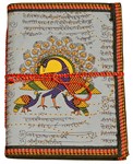 Cahier, motif parchemin sanskrit et paon (18x13, bleu ciel)
