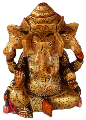 Statuette bois, Ganesh (sculp. sur bois peinte, 6 pouces, jaune)